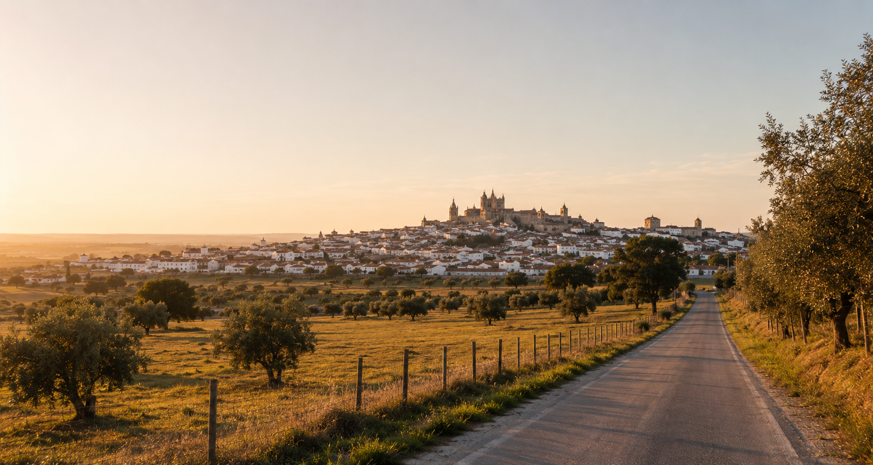 Warm evening light over Évora's hilltop skyline, seen across the Alentejo countryside