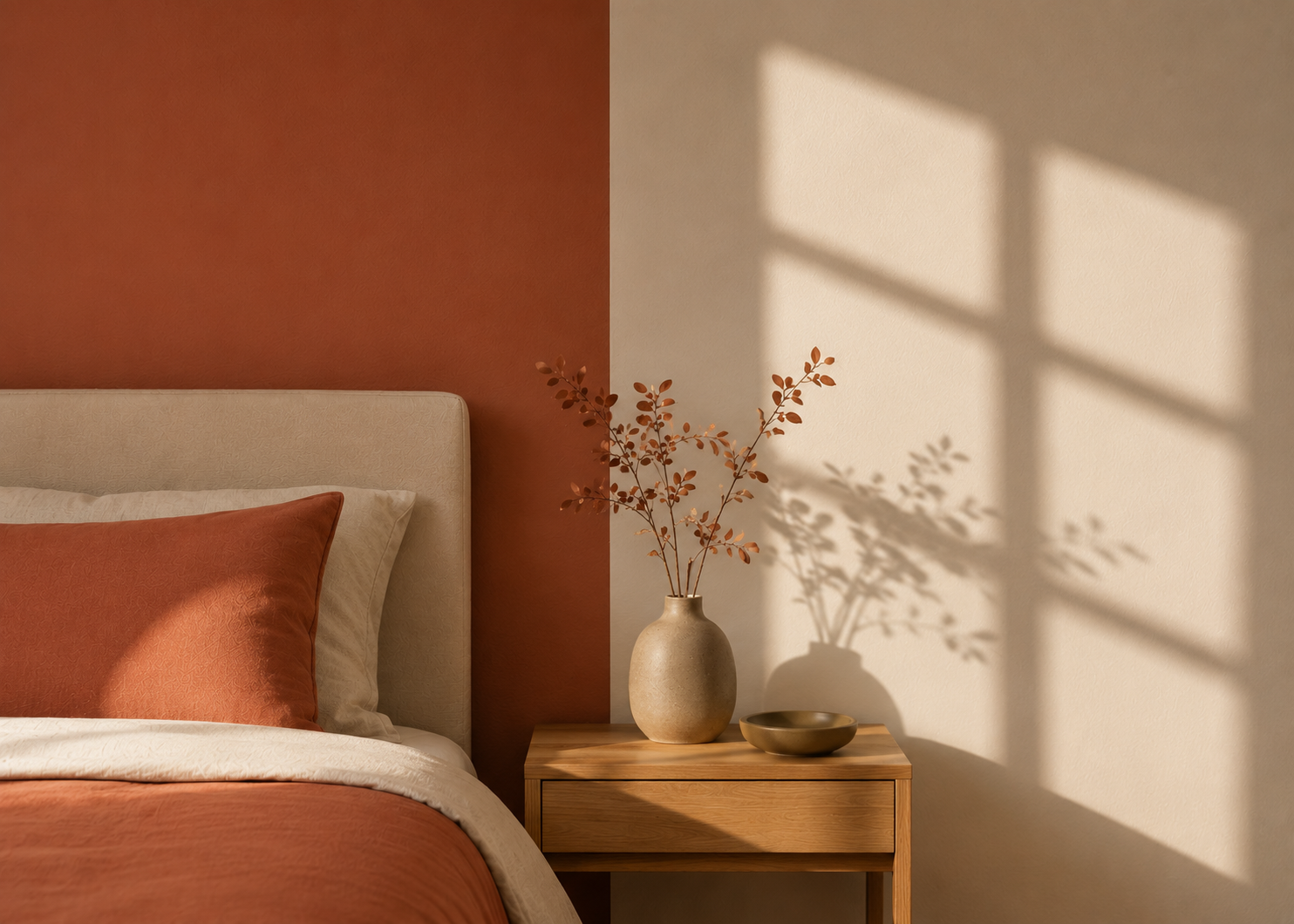 Warm, furnished bedroom interior with natural morning light — concept imagery